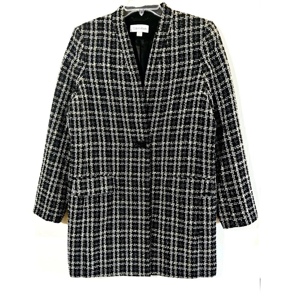 Calvin Klein Women’s Tweed One-button Blazer Jacket Black White Yellow NWOT Sz14